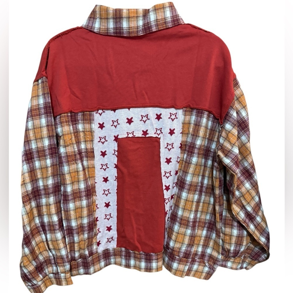 POL "North Star" Plaid & Star Patchwork Contrast Shacket Jacket L NWOT - Picture 4 of 5
